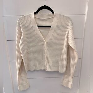 NWOT OGD M Cotton-Cashmere cream ribbed V neck quiet luxury crop cardigan